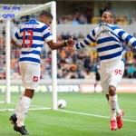 Armand Traore celebrates with goal scorer DJ Campbell of QPR, 0-3